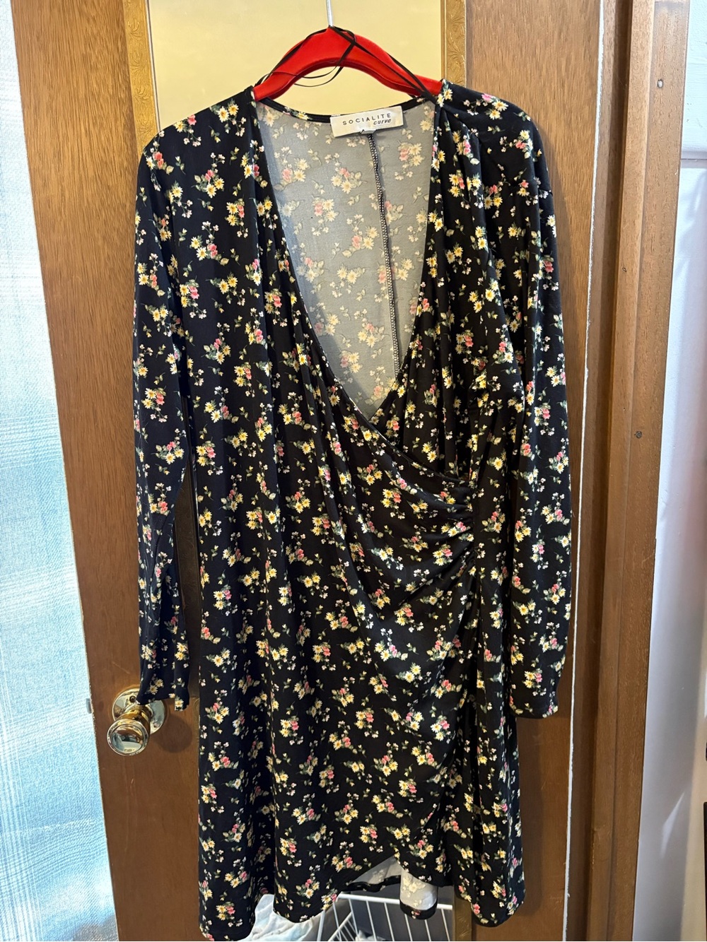 Socialite Black Floral Wrap Dress with Pink and Yellow Blooms - Long Sleeve